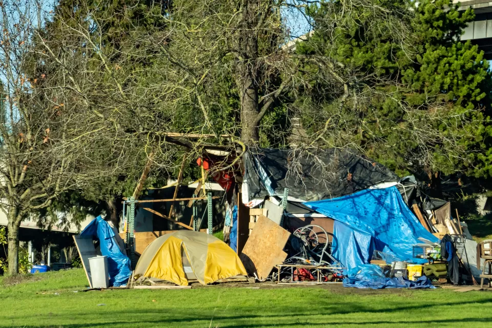 Encampment set up by unhoused residents in Portland, Oregon